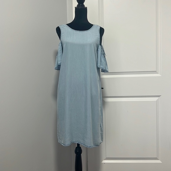 Noisy May Womens Chambray Open Shoulder Ruffle Tencel Dress Short Sleeve Blue M - Picture 1 of 8